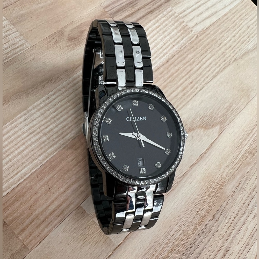 Citizen Ladies Watch Crystal Dial Markers Black & Stainless Band Quartz Date Wnd - Picture 9 of 16